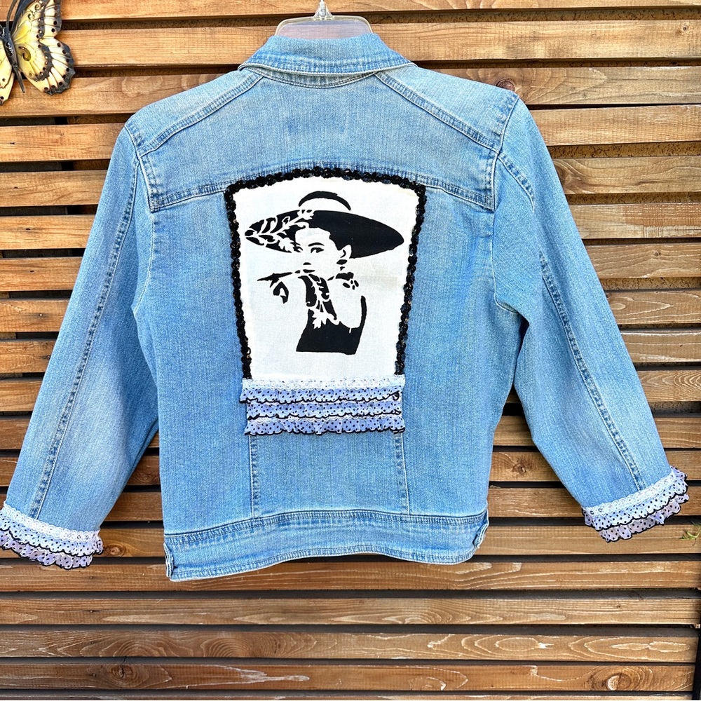 Repurposed denim, jean jacket with Audrey Hepburn on the back